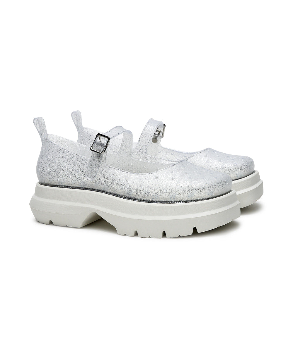 Wellsie Glair Flatform Square Maryjane Clear Glitter Silver – Rockfish Wellies