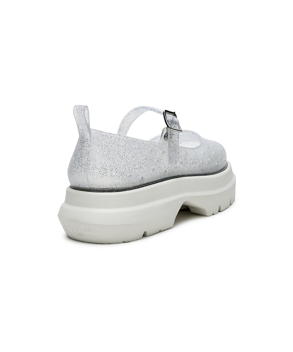 Wellsie Glair Flatform Square Maryjane Clear Glitter Silver – Rockfish Wellies