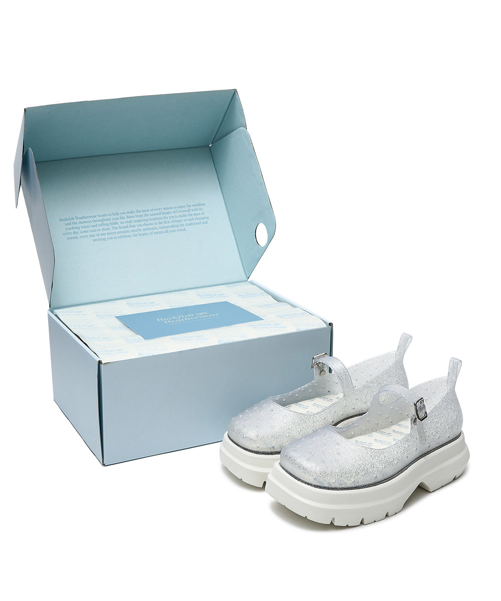 Wellsie Glair Flatform Square Maryjane Clear Glitter Silver – Rockfish Wellies